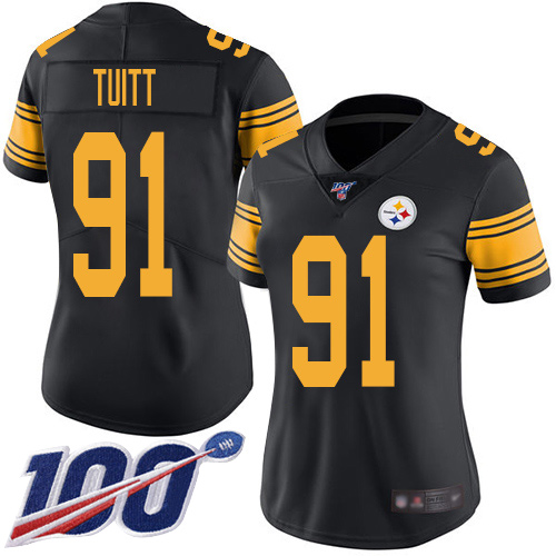 Women Pittsburgh Steelers Football #91 Limited Black Stephon Tuitt 100th Season Rush Vapor Untouchable Nike NFL Jersey